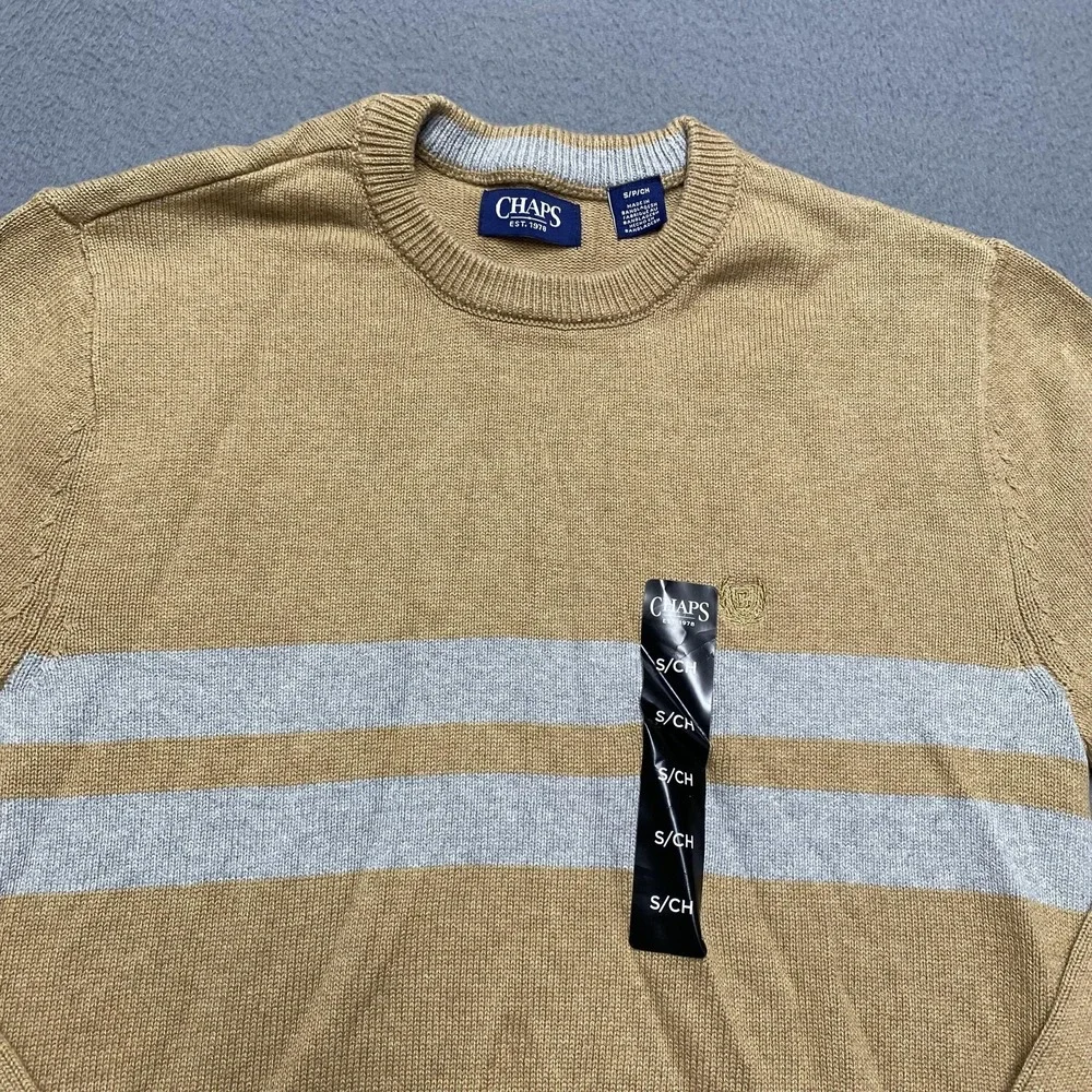 Chaps Sweater Mens Small Beige Gray Stripe Cotton Crewneck Knit‎ Pullover Logo - Picture 2 of 8